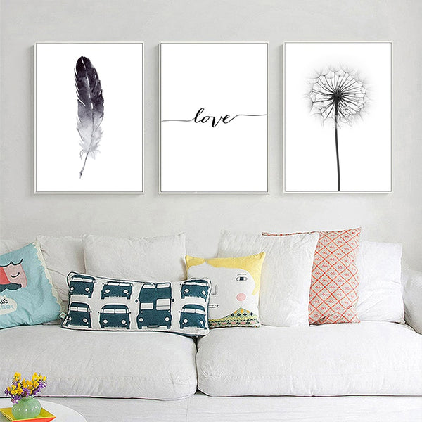 Black and White Dandelion Feathers Poster and Print Letter Love Wall Art Canvas Painting Home Picture Wall Decoration