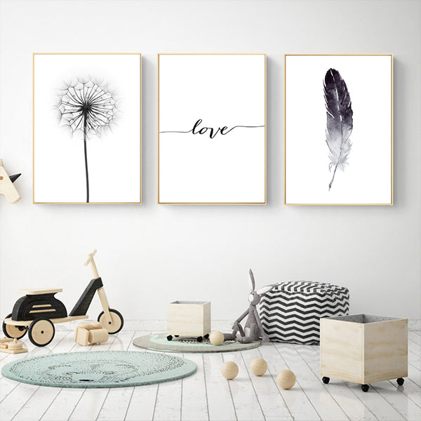 Black and White Dandelion Feathers Poster and Print Letter Love Wall Art Canvas Painting Home Picture Wall Decoration