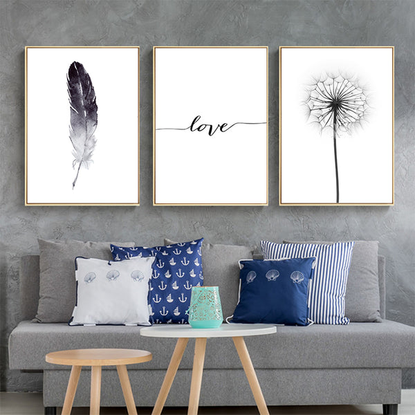 Black and White Dandelion Feathers Poster and Print Letter Love Wall Art Canvas Painting Home Picture Wall Decoration